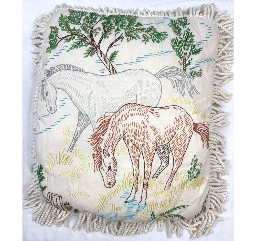Hand-crafted Rustic Equestrian Fringed Throw Pillow Horse Design Vintage 1980s